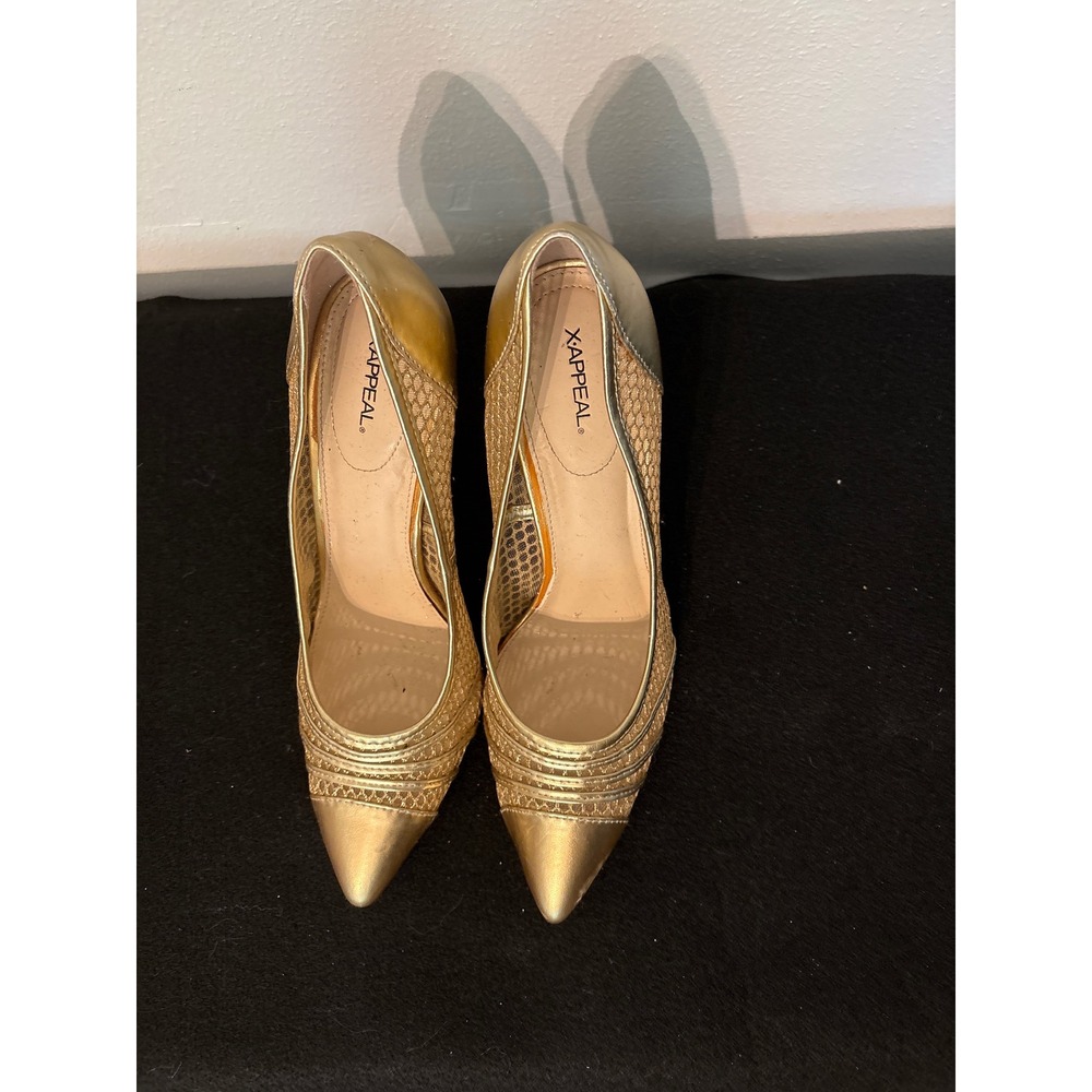 XAPPEAL Pointed Toe Stiletto Pumps Women 7.5 Gold Good Mesh Metallic Heels